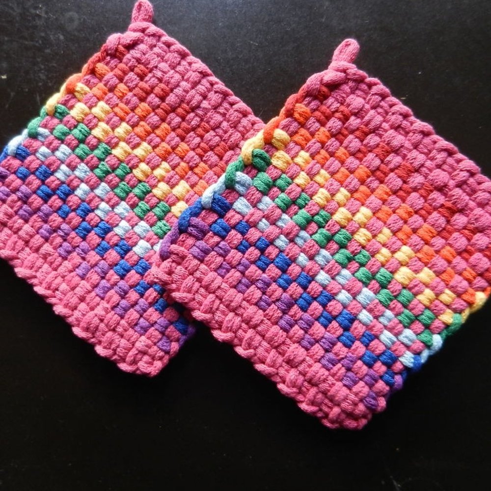 Set of 2 Handmade Artisan Woven Loomed Rainbow Fiesta Potholders Hot PadsTrivets